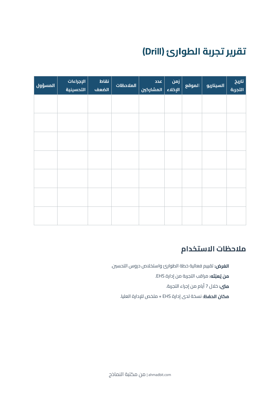معاينة تقرير تجربة الطوارئ (Drill)